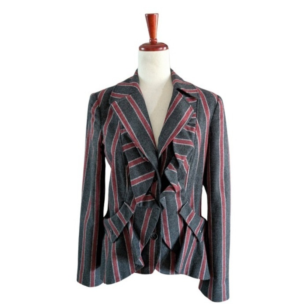 L.A.M.B. Gwen Stefani Fall 2009 Ruffle Stripe Wool Blend Blazer Grey Red Size 6